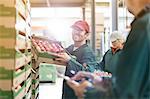 Smiling male worker carrying box of apples in food processing plant