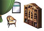 Bookcase and armchair of early XX century in Modern style, vector illustration