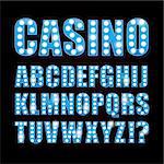 Vector blue neon lamp letters font show casino and theather