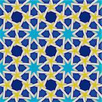 Vector Seamless Geometric Blue Yellow Islamic Interlacing Star Pattern Background