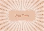 Decorative birthday label in retro star style on striped background. Poster with wishing text: Happy Birthday