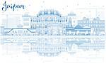 Outline Jaipur Skyline with Blue Landmarks and Reflections. Vector Illustration. Business Travel and Tourism Concept with Historic Architecture. Image for Presentation Banner Placard and Web Site.