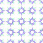 Trellis pattern of semitransparent violet twirled flowers with leaves on white background. Vector seamless repeat.