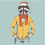 Christmas raccoon vector illustration. Raccoon in human suit with santa hat. Adorable mammal raccoon on New Year