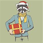 Christmas raccoon vector illustration. Raccoon in human suit with santa hat. Adorable mammal raccoon on New Year