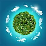 3D render of a grassy globe with clouds on a blue sky background