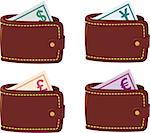 Four brown wallet full currency with dollar, euro, pound sterling, yen on white background.