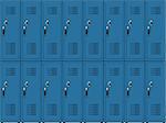 Blue metal cabinets school or gym with black handles and locks  in two row