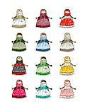 Handmade folk doll mascot, collection for your design. Vector illustration