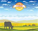 Silhouette of cow and rural landscape on a cloudy blue sky. Vector of fresh farm products.