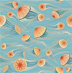 Seamless pattern with orange jellyfish. Underwater vector wallpaper.