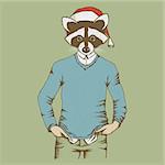 Christmas Raccoon vector illustration. Raccoon in human sweater, sweatshirt and Santa hat. Adorable mammal raccoon on New Year