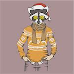 Christmas raccoon vector illustration. Raccoon in human sweater, sweatshirt and Santa hat. Adorable mammal raccoon on New Year