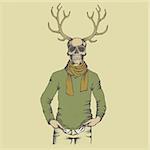 Vector skull with deer horn in sweater illustration. Hand drawn skull. Skull human in sweatshirt