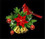 Christmas decoration with evergreen trees and golden bells with poinsettia and Cardinal bird