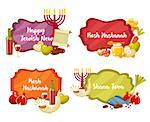 Rosh Hashanah, Shana Tova or Jewish New year cartoon flat vector frames and lables set.Traditional symbols of Jewish new year holiday Rosh Hashanah