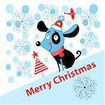 Christmas card with a cheerful puppy on a background with snowflakes