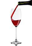Pouring red wine from bottle to glass on white background