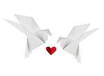 Couple white loving dove of origami with red heart, isolated background