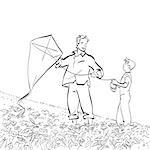 Dad and son flying a kite. Black and white vector illustration