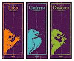 Vector set vintage posters with lion, griffin and dragon. Game banners with animals.