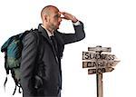 Businessman with explorer backpack follows the directional arrows