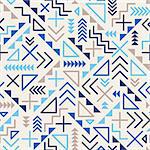 Vector Seamless Retro 80's  Jumble Geometric Line Shapes Blue Hipster Pattern on Grey Abstract Background