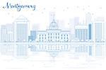 Outline Montgomery skyline with blue buildings and reflections. Vector illustration. Business travel and tourism concept with place for text. Image for presentation, banner, placard and web site.