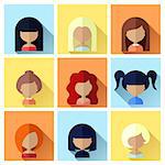 Colorful Avatars Female Square Icons Set in Flat Style with Long Shadow