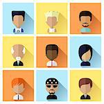 Colorful Male Avatars Square Icons Set in Flat Style with Long Shadow