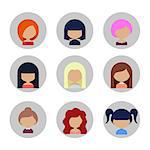 Colorful Avatars Female Circle Icons Set in Flat Style with Long Shadow