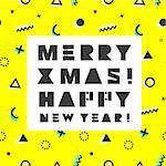 Merry Christmas. Happy New Year card in retro 80s-90s style. Memphis trendy art. Vector illustration.
