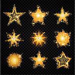 Gold glittering stars set sparkling particles on transparent background. golden sparkles hallow tail. Vector glamour fashion illustration