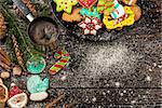 Gingerbreads and coffee for new years and christmas on wooden background, xmas theme