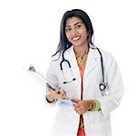 Portrait of Indian female doctor in uniform hand holding medical test report, standing isolated on white background.