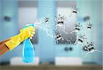 Housewife cleans determined with much cleaner spray to defeat the germs. 3D Rendering
