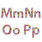 Alphabet part with many colourful flowery letters M, N, O, P isolated on the white background, vector artwork