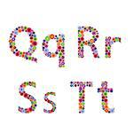 Alphabet part with many colourful flowery letters Q, R, S, T isolated on the white background, vector artwork