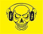 Skull listening to music. Vector illustration, the skull listening to music on headphones on a yellow background.