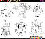 Black and White Cartoon Illustration of Robot Characters Set Coloring Book