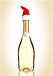 Bottle of yellow champagne with santa hat on golden background