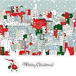 Merry christmas postcard with cityscape background. Vector illustration