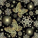 Seamless pattern with gold snowflakes and vintage lacy butterflies on black background, vector