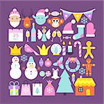 Cute Merry Christmas Objects. Flat Design Vector Illustration. Happy New Year Colorful Items.