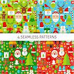 Four New Year Seamless Patterns. Merry Christmas Flat Design Vector Illustration. Tile Background.