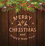 Christmas banner with green fir branch and red berries on a wooden background. Vector illustration. Merry Christmas lettering.