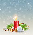 Christmas background with red candle, green fir branch and white decorations