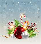 Christmas background with red decorations, candy cane and green fir branch. Design for Christmas card.