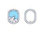 Closed and open airplane window icons set. Sky with clouds and wing