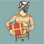 Christmas cat vector illustration. Cat in human sweatshirt with gift. Christmas cat vector in Santa hat